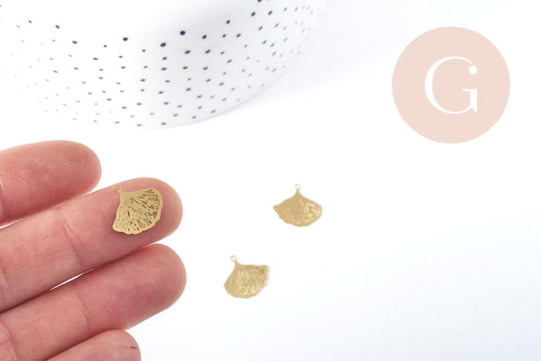 Pendentif estampe filigrane feuille Gingko acier doré 201 inoxydable 14.5mm, x2, (G8934)