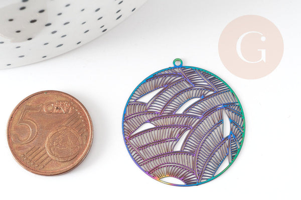 Pendentif estampe filigrane feuille acier multicolore, Pendentif très fin et léger, 31.5x30,x2 (G4098)