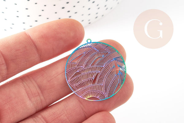 Pendentif estampe filigrane feuille acier multicolore, Pendentif très fin et léger, 31.5x30,x2 (G4098)
