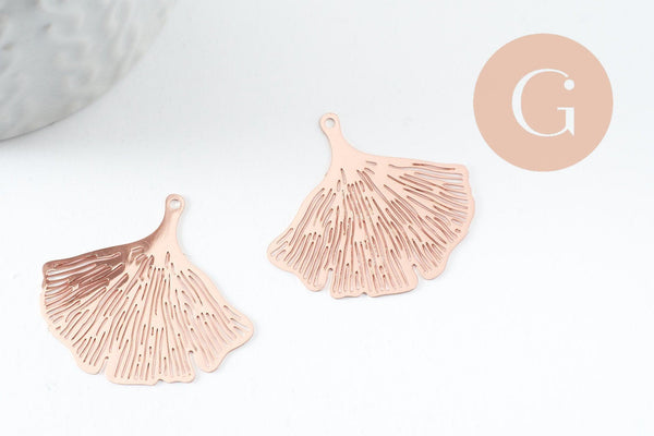 Pendentif estampe filigrane feuille gingko laiton or rose 33mm, Pendentif très fin et léger, x2 (G9826)