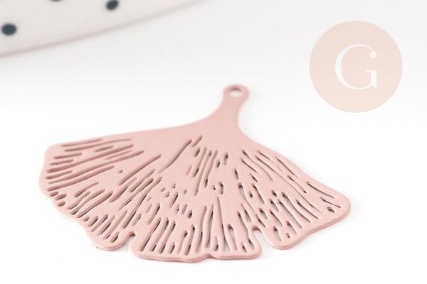 Pendentif estampe filigrane feuille gingko laiton rose clair, Pendentif très fin et léger, 25x22mm, x2 (G3699)