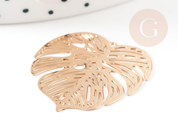 Pendentif estampe filigrane feuille monsterosa laiton doré, Pendentif très fin et léger,32 x 32 mm, x2 (G3690)