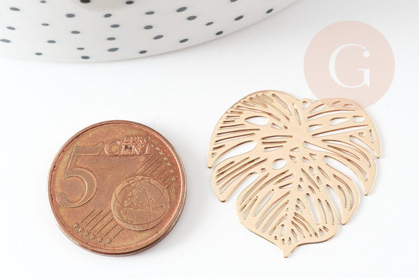 Pendentif estampe filigrane feuille monsterosa laiton doré, Pendentif très fin et léger,32 x 32 mm, x2 (G3690)