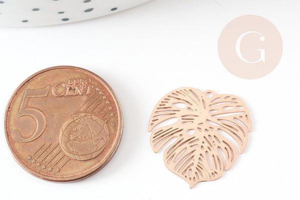 Pendentif estampe filigrane feuille monsterosa laiton or rose, Pendentif très fin et léger, 18x 18mm, x2 (G3695)