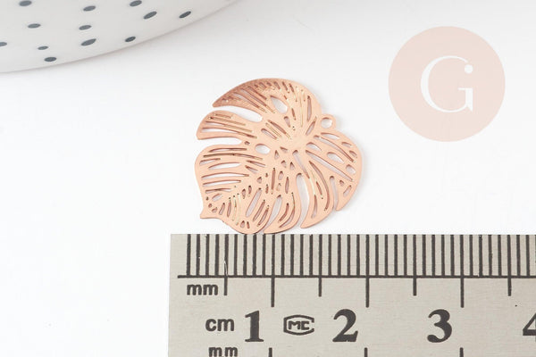 Pendentif estampe filigrane feuille monsterosa laiton or rose, Pendentif très fin et léger, 18x 18mm, x2 (G3695)