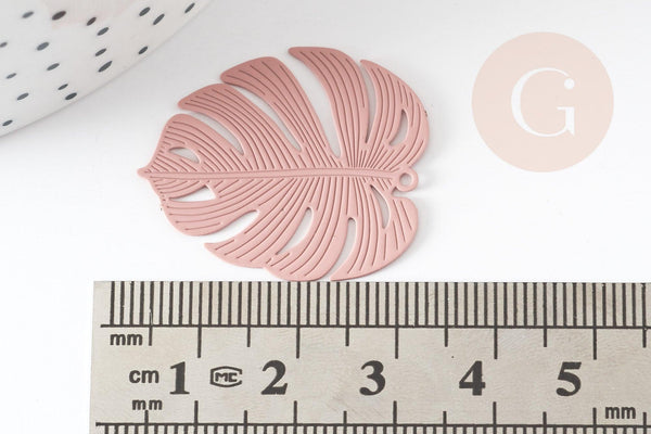 Pendentif estampe filigrane feuille monsterosa laiton rose, Pendentif très fin et léger,32 x 32 mm, x2 (G3698)