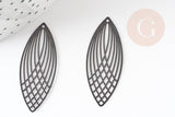 Pendentif estampe filigrane feuille ovale laiton noir 40x16mm, x2 (G3702)