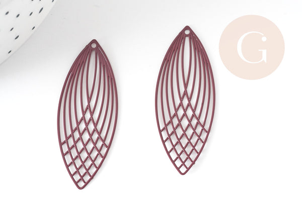 Pendentif estampe filigrane feuille ovale laiton violet, Pendentif très fin et léger, 40x16mm, x2 (G3729)