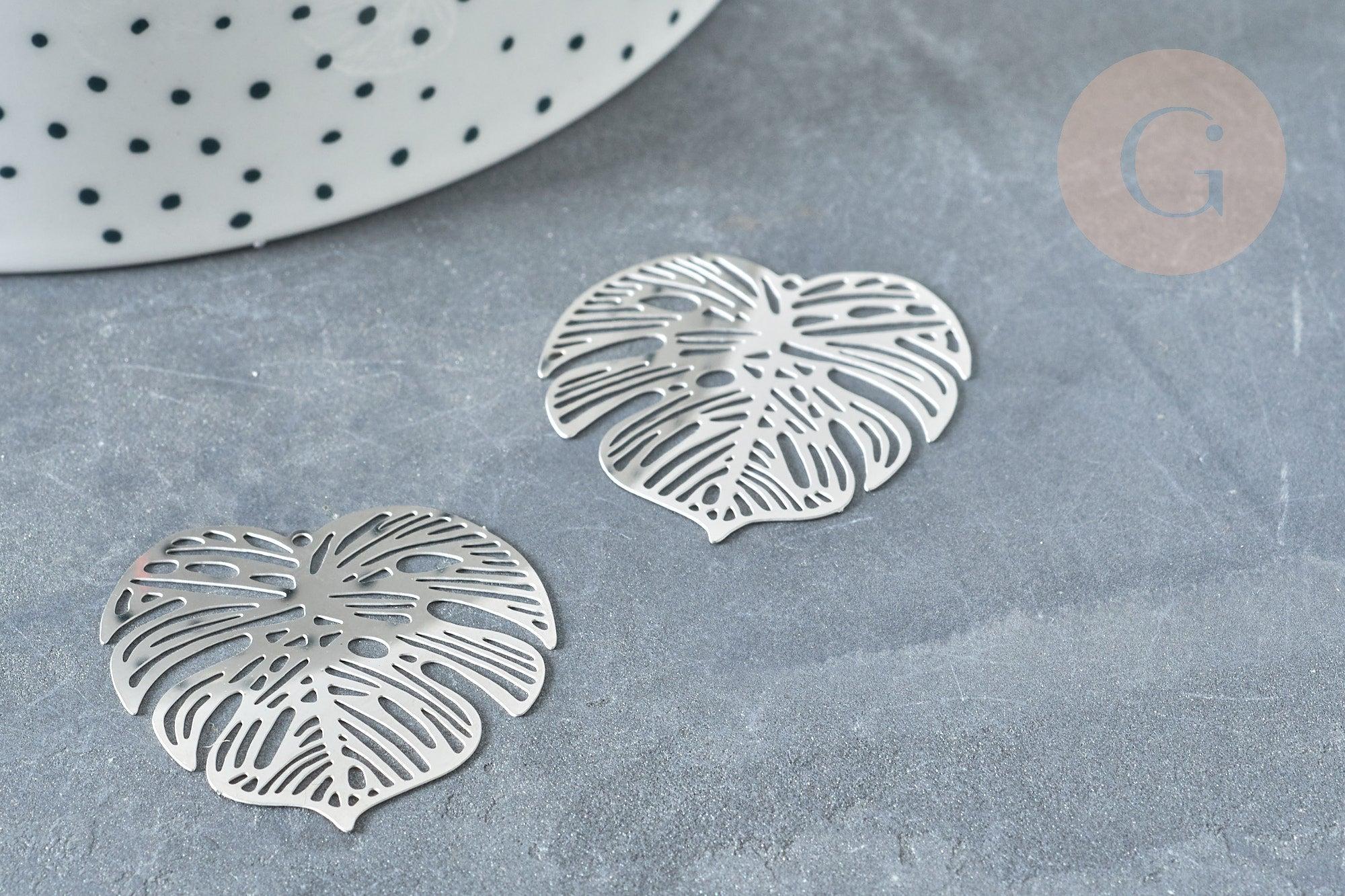 Pendentif estampe filigrane feuille tropicale acier 201 inoxydable platine 32mm, x2 (G8015)