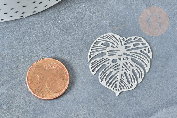 Pendentif estampe filigrane feuille tropicale acier 201 inoxydable platine 32mm, x2 (G8015)