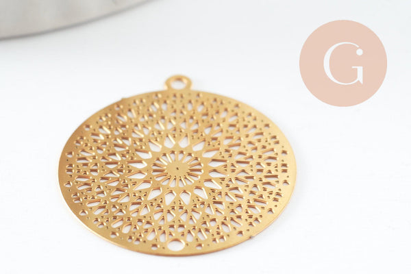 Pendentif estampe filigrane fleur Mandala acier inoxydable 201 doré 18K 20.5mm, x1 (G9422)