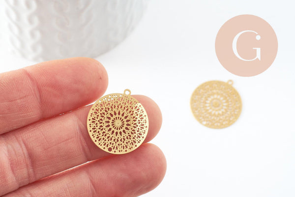 Pendentif estampe filigrane fleur Mandala acier inoxydable 201 doré 18K 20.5mm, x1 (G9422)