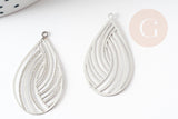 Pendentif estampe filigrane goutte acier inoxydable 304 argent texturé 32x18mm, Pendentif très fin et léger x2 (G4113)