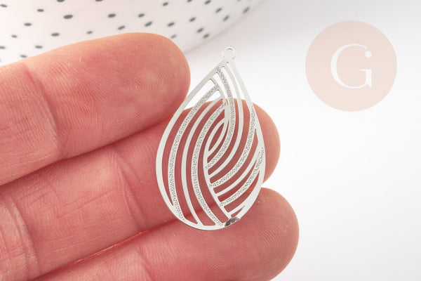 Pendentif estampe filigrane goutte acier inoxydable 304 argent texturé 32x18mm, Pendentif très fin et léger x2 (G4113)