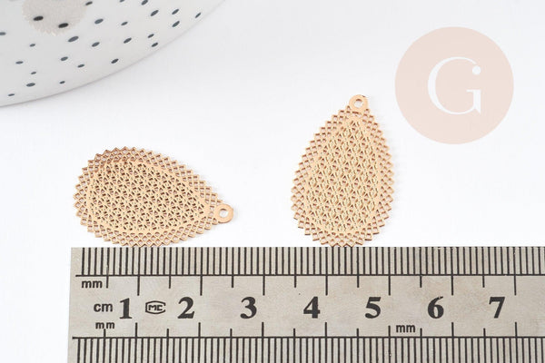 Pendentif estampe filigrane goutte géométrique laiton doré 26mm, Pendentif très fin et léger pour création de bijoux DIY x2 (G9203)