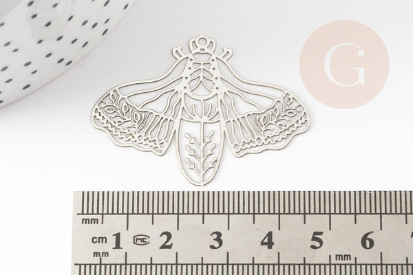 Pendentif estampe filigrane papillon acier argenté 32x44mm,x2 (G4109)