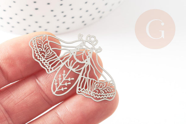 Pendentif estampe filigrane papillon acier argenté 32x44mm,x2 (G4109)
