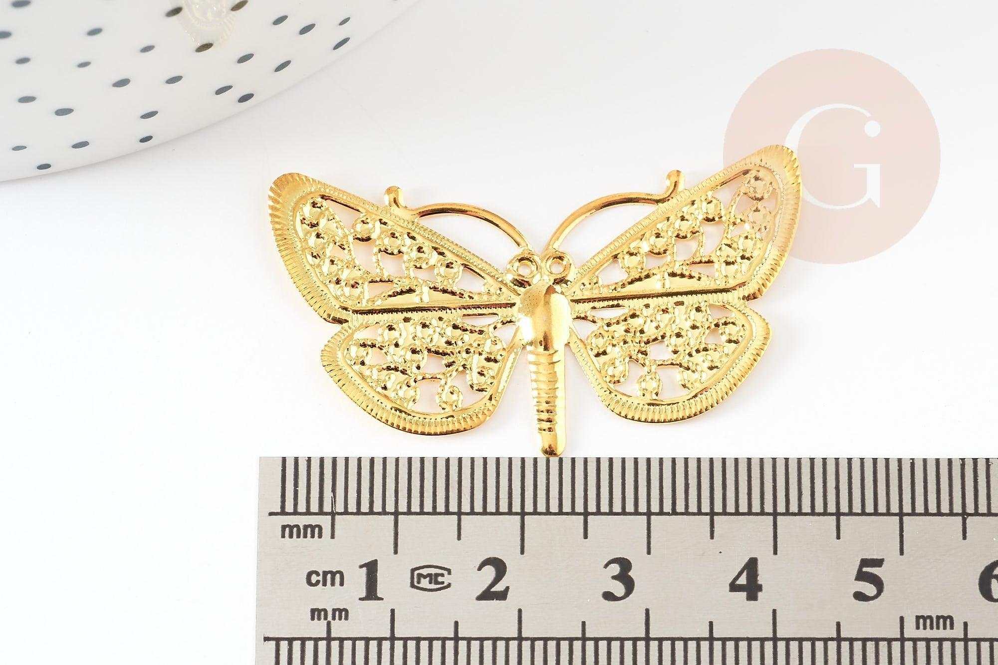 Pendentif estampe filigrane papillon laiton doré 24x43mm, x2 (G4119)