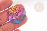 Pendentif estampe filigrane paysage multicolore acier 201 inoxydable 32mm, Pendentif très fin et léger, x2 (G4444)