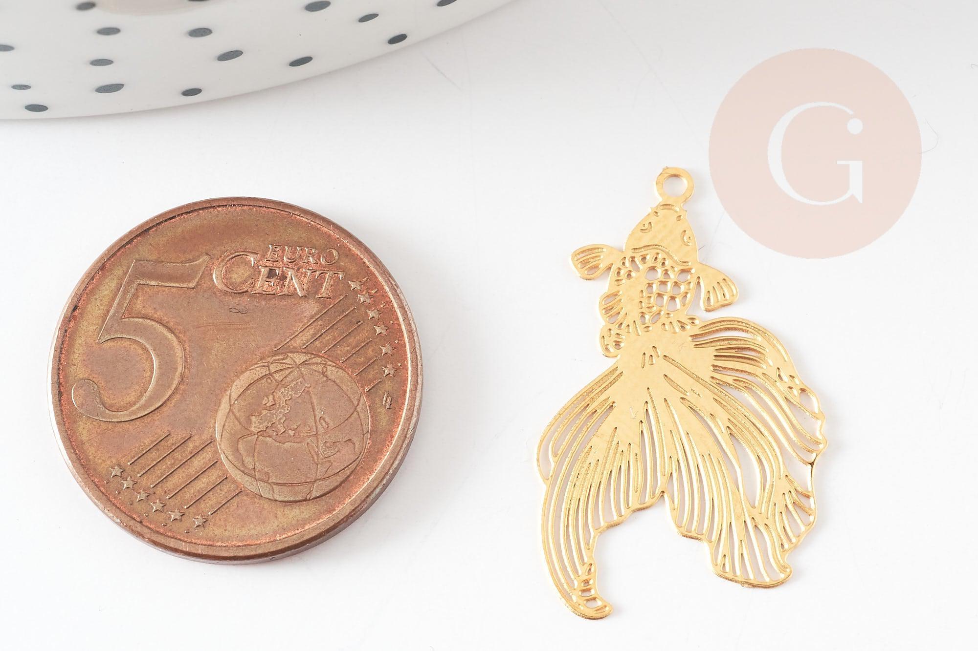 Pendentif estampe filigrane poisson acier 201 inoxydable doré 18K 27mm, x2 (G8793)