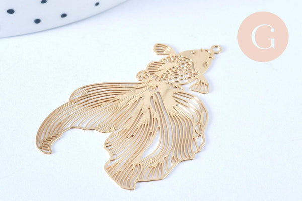 Pendentif estampe filigrane poisson japonais laiton doré clair 49x31mm x2 (G5238)