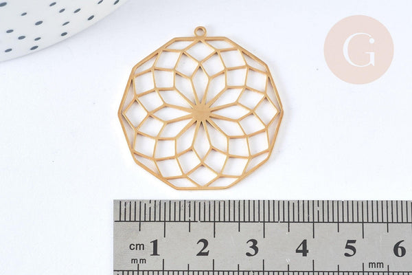 Pendentif estampe filigrane polygone fleur acier inoxydable 201 doré 35.5mm, x1 (G7253)
