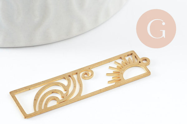 Pendentif estampe filigrane rectangle soleil vague laiton brut 41.5mm, Pendentif très fin et léger pour création de bijoux DIY x1 G9694