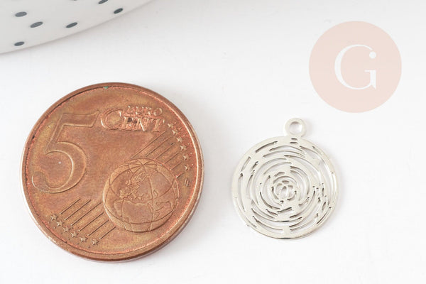 Pendentif estampe filigrane rond Fleur rose laiton platine 14.5mm, x2 (G9305)