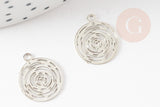 Pendentif estampe filigrane rond Fleur rose laiton platine 14.5mm, x2 (G9305)