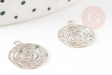 Pendentif estampe filigrane rond Fleur rose laiton platine 14.5mm, x2 (G9305)