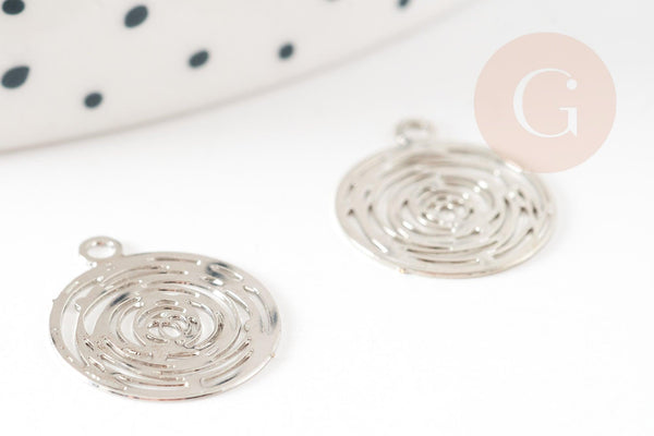 Pendentif estampe filigrane rond Fleur rose laiton platine 14.5mm, x2 (G9305)