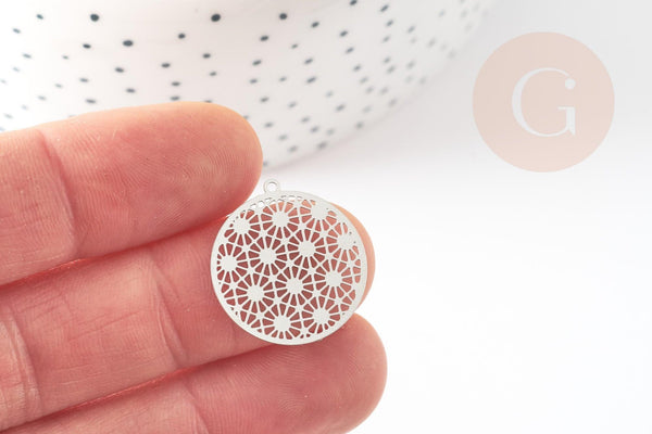 Pendentif estampe filigrane rond acier argent, Pendentif très fin et léger, 21.5x20mm ,x2 (G4111)