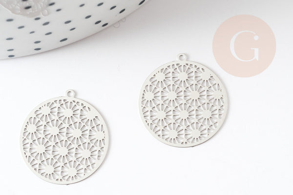 Pendentif estampe filigrane rond acier argent, Pendentif très fin et léger, 21.5x20mm ,x2 (G4111)