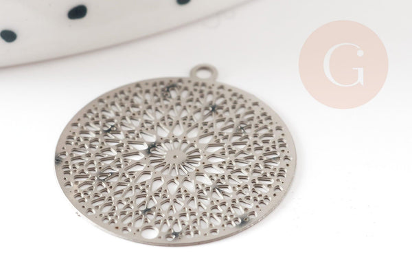 Pendentif estampe filigrane rond acier argent, Pendentif très fin et léger, 22x20mm,x2 (G4910)