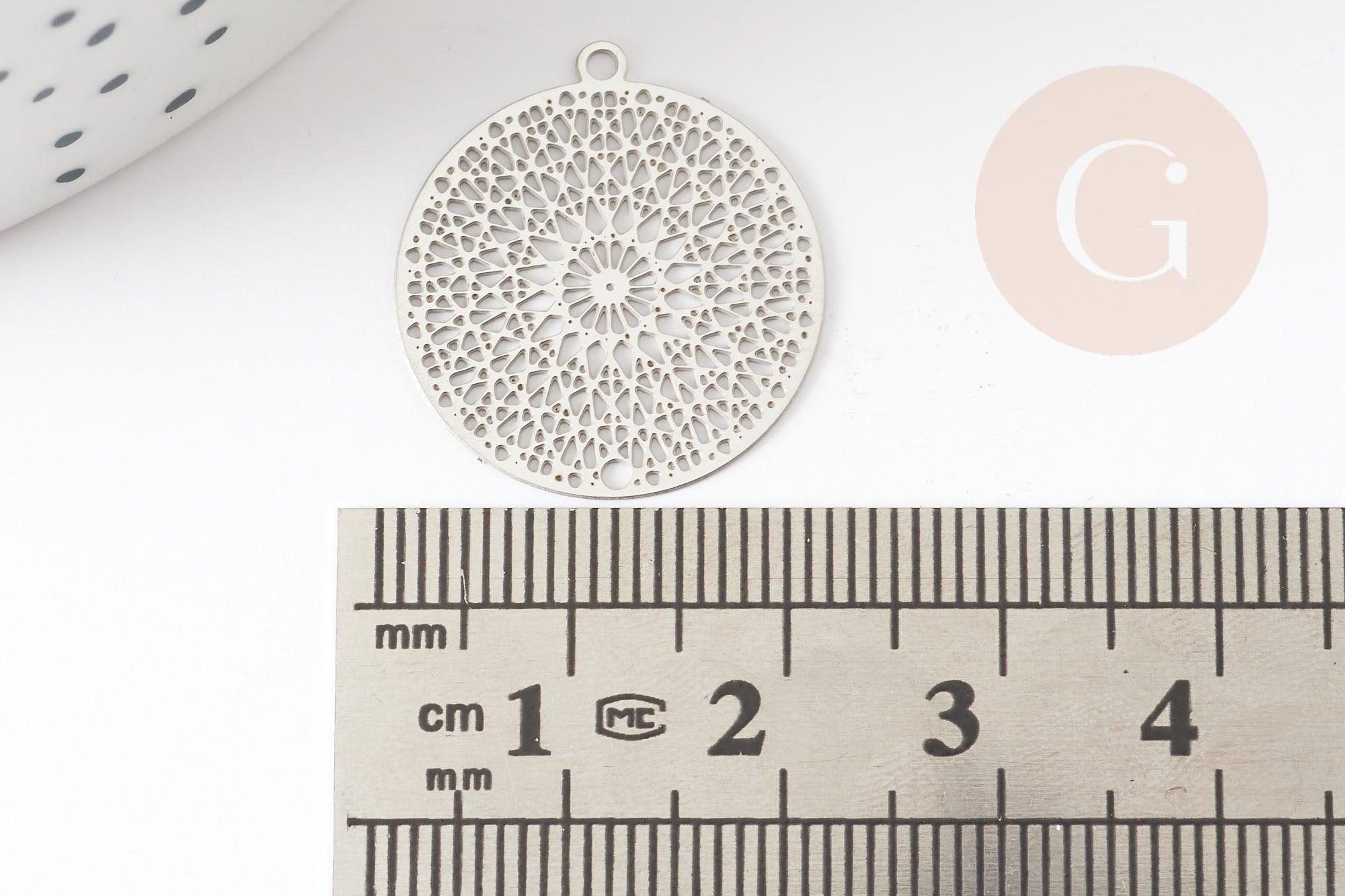 Pendentif estampe filigrane rond acier argent, Pendentif très fin et léger, 22x20mm,x2 (G4910)
