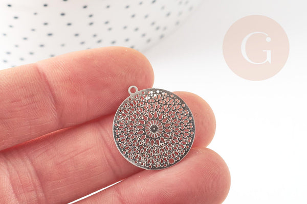 Pendentif estampe filigrane rond acier argent, Pendentif très fin et léger, 22x20mm,x2 (G4910)
