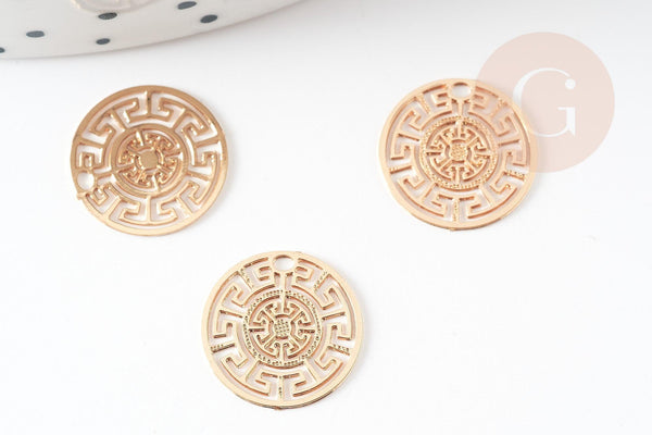 Pendentif estampe filigrane rond aztèque laiton doré, Pendentif très fin et léger, 13mm, x2 (G4456)