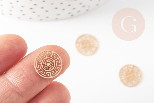 Pendentif estampe filigrane rond aztèque laiton doré, Pendentif très fin et léger, 13mm, x2 (G4456)