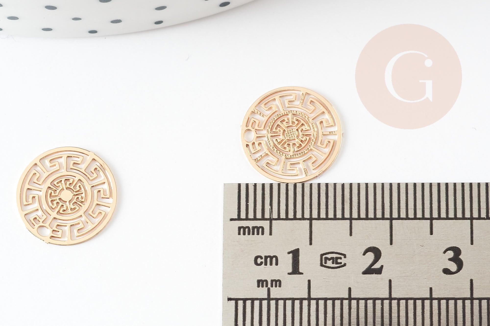 Pendentif estampe filigrane rond aztèque laiton doré, Pendentif très fin et léger, 13mm, x2 (G4456)