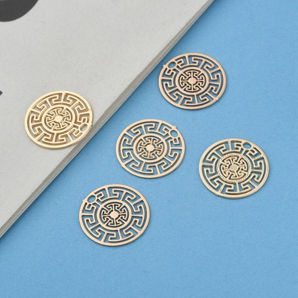 Pendentif estampe filigrane rond aztèque laiton doré, Pendentif très fin et léger, 13mm, x2 (G4456)