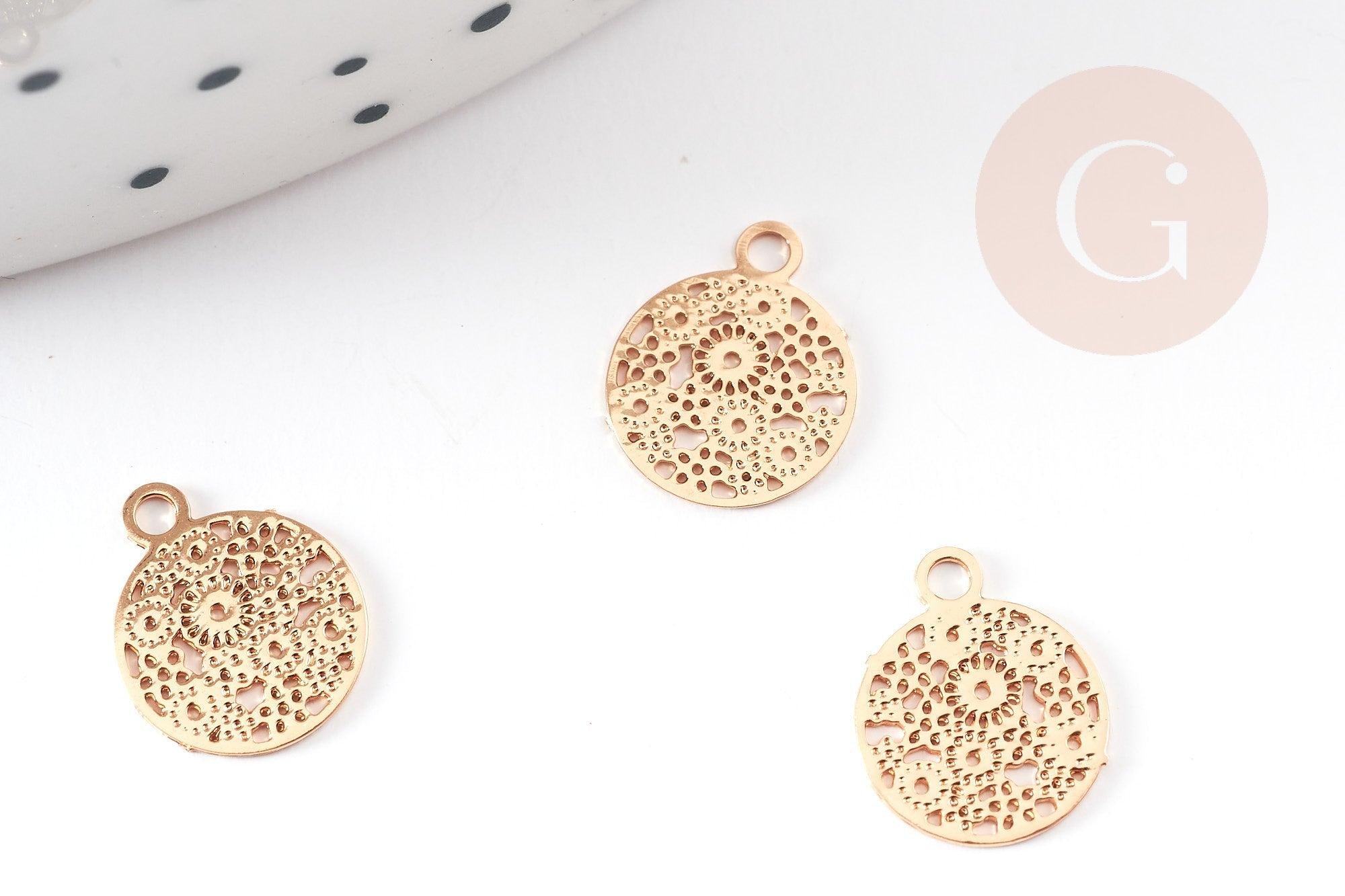 Pendentif estampe filigrane rond dentelle laiton doré 10mm, Pendentif très fin et léger pour création de bijoux DIY x2 (G9204)