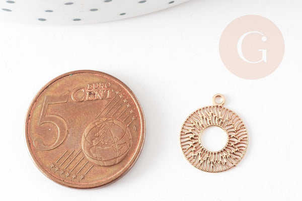 Pendentif estampe filigrane rond évidé motif géométrique laiton doré clair 14mm, Pendentif léger création bijoux or, x2 (G9294)