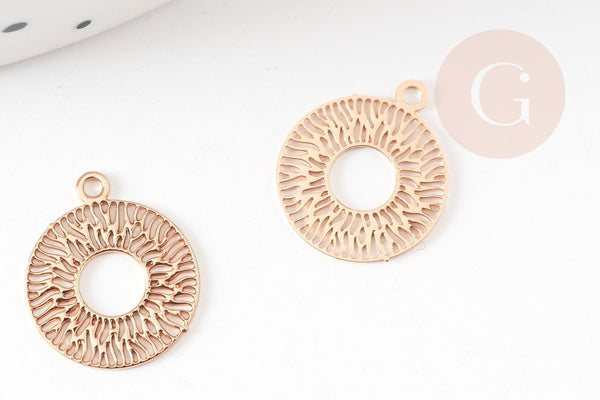 Pendentif estampe filigrane rond évidé motif géométrique laiton doré clair 14mm, Pendentif léger création bijoux or, x2 (G9294)