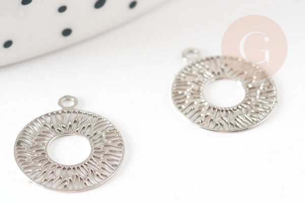 Pendentif estampe filigrane rond évidé motif géométrique laiton platine 14mm, Pendentif léger création bijoux argent, x2 (G9295)