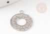 Pendentif estampe filigrane rond évidé motif géométrique laiton platine 14mm, Pendentif léger création bijoux argent, x2 (G9295)