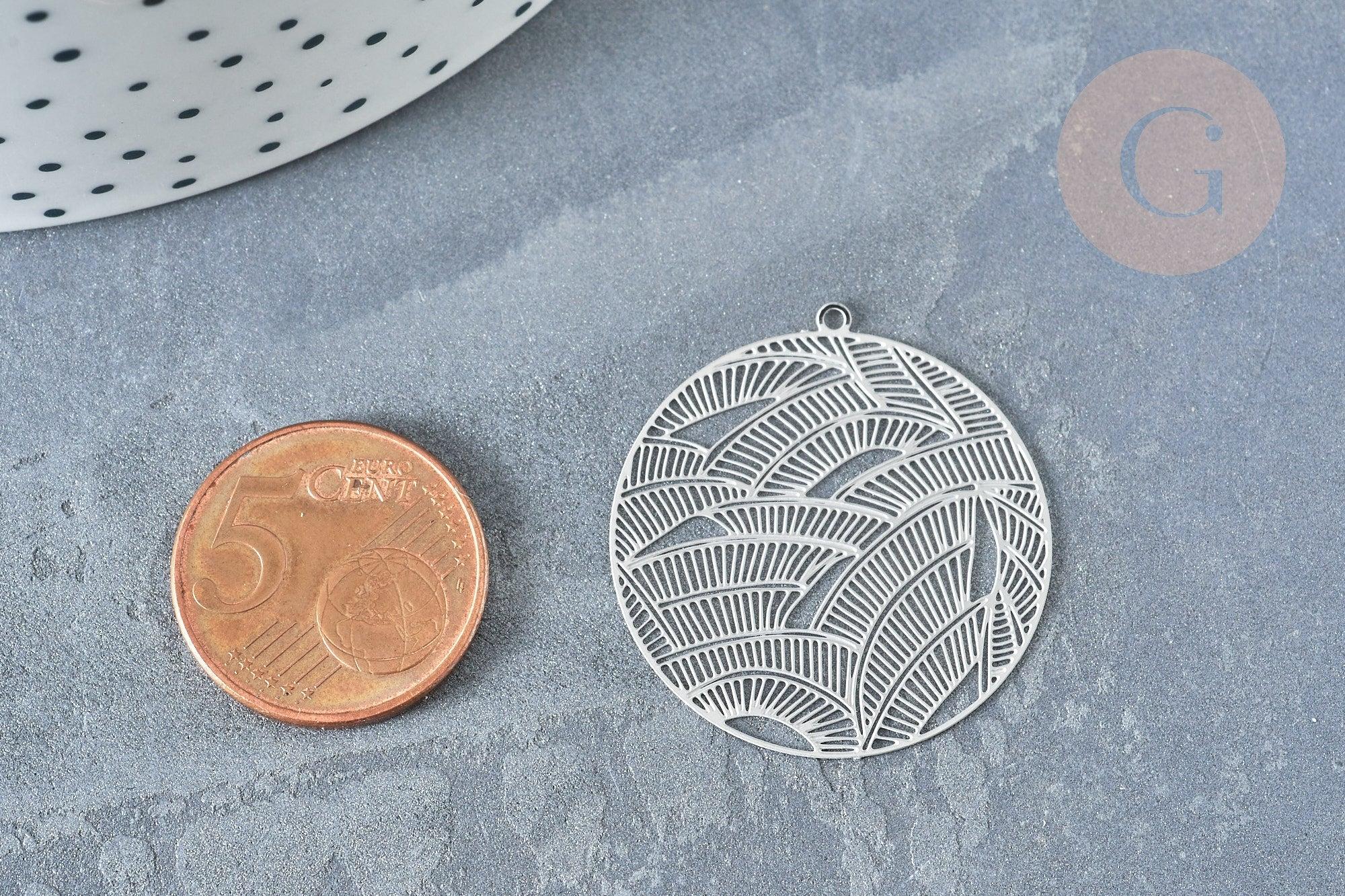 Pendentif estampe filigrane rond feuille acier 201 inoxydable argenté 31.5mm, Pendentif très fin et léger, x 2 (G8261)