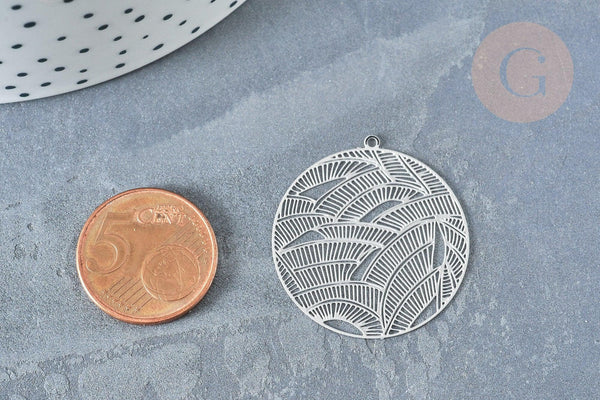 Pendentif estampe filigrane rond feuille acier 201 inoxydable argenté 31.5mm, Pendentif très fin et léger, x 2 (G8261)
