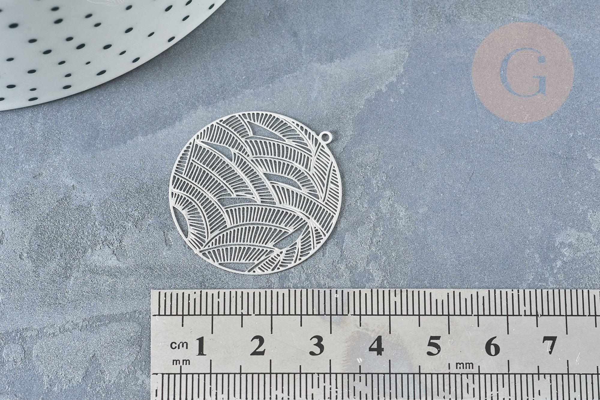 Pendentif estampe filigrane rond feuille acier 201 inoxydable argenté 31.5mm, Pendentif très fin et léger, x 2 (G8261)