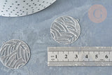 Pendentif estampe filigrane rond feuille acier 201 inoxydable argenté 31.5mm, Pendentif très fin et léger, x 2 (G8261)