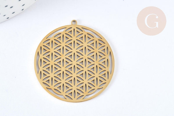 Pendentif estampe filigrane rond fleur de vie acier inoxydable 201 doré 42mm, création bijoux acier inoxydable, x1 G7256